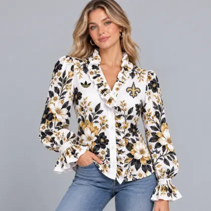 New Orleans Saints | Premium NFL Vintage Botanical Floral Print Ruffle Neck Button Down Long Sleeve Blouse NDN