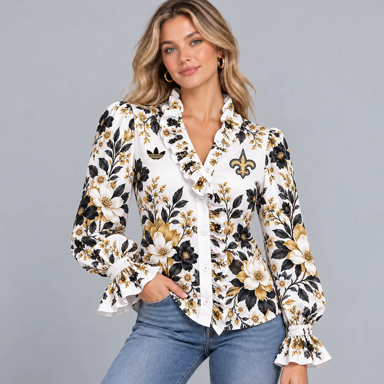 New Orleans Saints | Premium NFL Vintage Botanical Floral Print Ruffle Neck Button Down Long Sleeve Blouse NDN