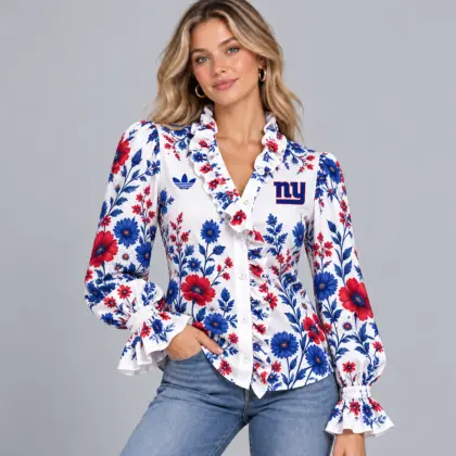 New York Giants | Premium NFL Vintage Botanical Floral Print Ruffle Neck Button Down Long Sleeve Blouse NDN