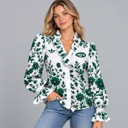 New York Jets | Premium NFL Vintage Botanical Floral Print Ruffle Neck Button Down Long Sleeve Blouse NDN