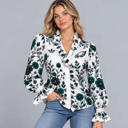 Philadelphia Eagles | Premium NFL Vintage Botanical Floral Print Ruffle Neck Button Down Long Sleeve Blouse NDN