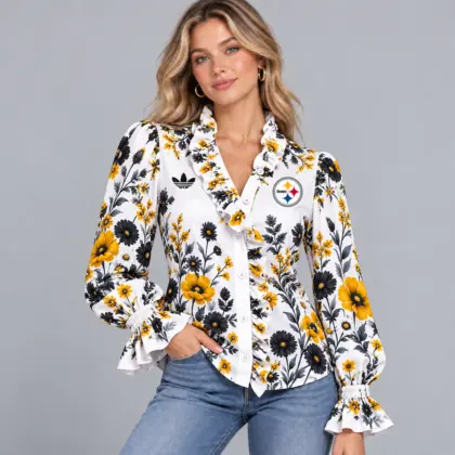 Pittsburgh Steelers | Premium NFL Vintage Botanical Floral Print Ruffle Neck Button Down Long Sleeve Blouse NDN