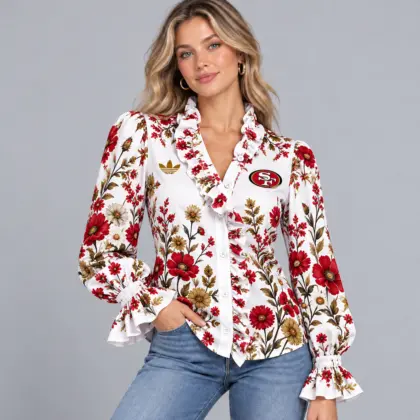 San Francisco 49ers | Premium NFL Vintage Botanical Floral Print Ruffle Neck Button Down Long Sleeve Blouse NDN
