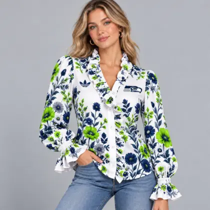 Seattle Seahawks | Premium NFL Vintage Botanical Floral Print Ruffle Neck Button Down Long Sleeve Blouse NDN