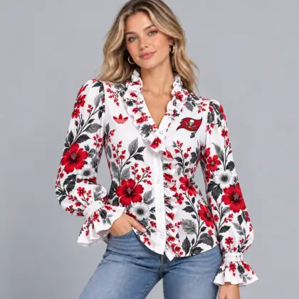 Tampa Bay Buccaneers | Premium NFL Vintage Botanical Floral Print Ruffle Neck Button Down Long Sleeve Blouse NDN