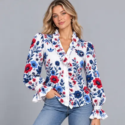 Tennessee Titans | Premium NFL Vintage Botanical Floral Print Ruffle Neck Button Down Long Sleeve Blouse NDN