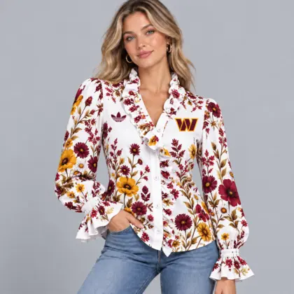 Washington Commanders | Premium NFL Vintage Botanical Floral Print Ruffle Neck Button Down Long Sleeve Blouse NDN