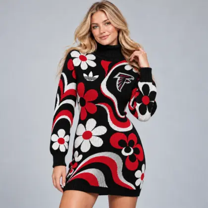Atlanta Falcons | Premium NFL Groovy Retro Floral Swirl Turtleneck Long Sleeve Knit Bodycon Sweater Dress NDN