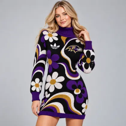 Baltimore Ravens | Premium NFL Groovy Retro Floral Swirl Turtleneck Long Sleeve Knit Bodycon Sweater Dress NDN