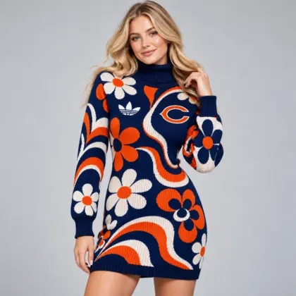 Chicago Bears | Premium NFL Groovy Retro Floral Swirl Turtleneck Long Sleeve Knit Bodycon Sweater Dress NDN