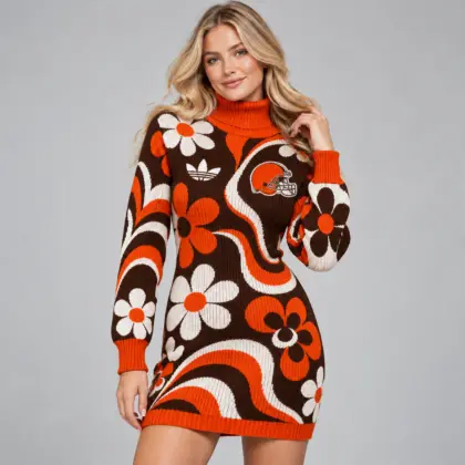 Cleveland Browns | Premium NFL Groovy Retro Floral Swirl Turtleneck Long Sleeve Knit Bodycon Sweater Dress NDN