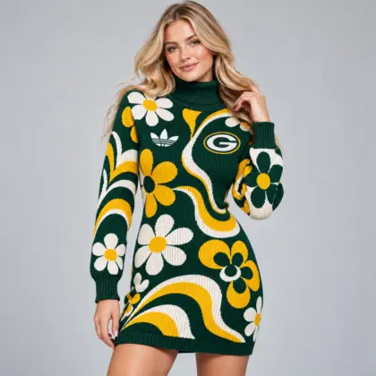 Green Bay Packers | Premium NFL Groovy Retro Floral Swirl Turtleneck Long Sleeve Knit Bodycon Sweater Dress NDN