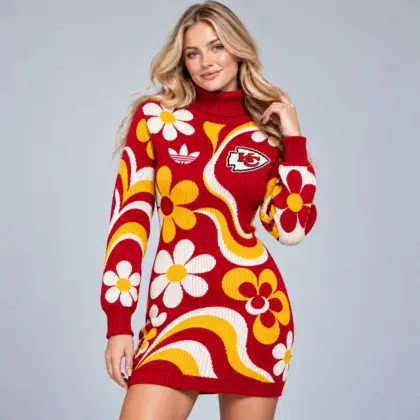 Kansas City Chiefs | Premium NFL Groovy Retro Floral Swirl Turtleneck Long Sleeve Knit Bodycon Sweater Dress NDN