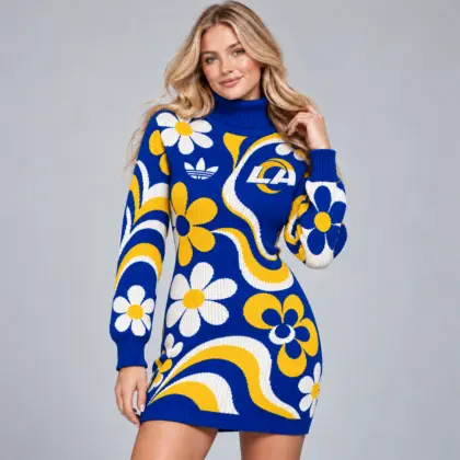 Los Angeles Rams | Premium NFL Groovy Retro Floral Swirl Turtleneck Long Sleeve Knit Bodycon Sweater Dress NDN