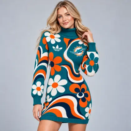 Miami Dolphins | Premium NFL Groovy Retro Floral Swirl Turtleneck Long Sleeve Knit Bodycon Sweater Dress NDN