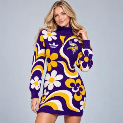 Minnesota Vikings | Premium NFL Groovy Retro Floral Swirl Turtleneck Long Sleeve Knit Bodycon Sweater Dress NDN