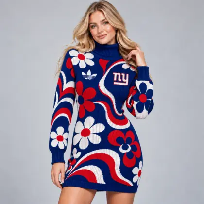New York Giants | Premium NFL Groovy Retro Floral Swirl Turtleneck Long Sleeve Knit Bodycon Sweater Dress NDN