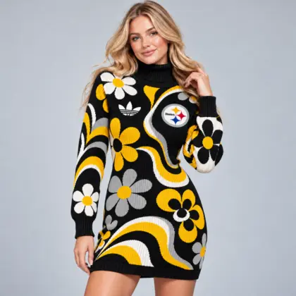 Pittsburgh Steelers | Premium NFL Groovy Retro Floral Swirl Turtleneck Long Sleeve Knit Bodycon Sweater Dress NDN