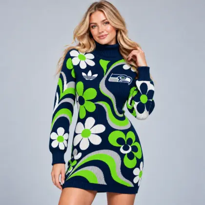 Seattle Seahawks | Premium NFL Groovy Retro Floral Swirl Turtleneck Long Sleeve Knit Bodycon Sweater Dress NDN
