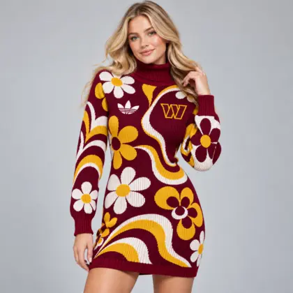 Washington Commanders | Premium NFL Groovy Retro Floral Swirl Turtleneck Long Sleeve Knit Bodycon Sweater Dress NDN