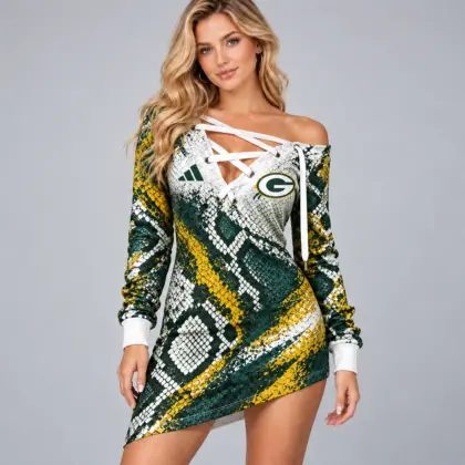 Green Bay Packers | Premium NFL Exotic Snakeskin Print Criss Cross Lace Up Off Shoulder Asymmetrical Mini Dress NDN