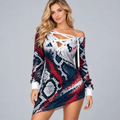 Houston Texans | Premium NFL Exotic Snakeskin Print Criss Cross Lace Up Off Shoulder Asymmetrical Mini Dress NDN