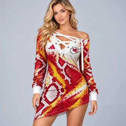 Kansas City Chiefs | Premium NFL Exotic Snakeskin Print Criss Cross Lace Up Off Shoulder Asymmetrical Mini Dress NDN