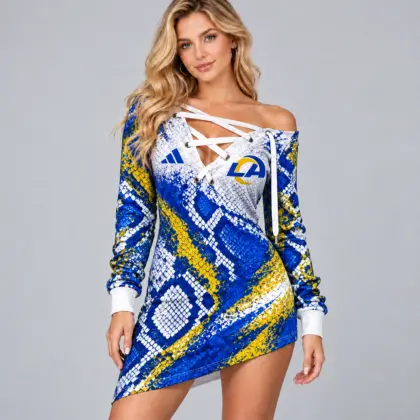 Los Angeles Rams | Premium NFL Exotic Snakeskin Print Criss Cross Lace Up Off Shoulder Asymmetrical Mini Dress NDN
