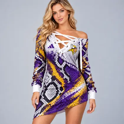 Minnesota Vikings | Premium NFL Exotic Snakeskin Print Criss Cross Lace Up Off Shoulder Asymmetrical Mini Dress NDN