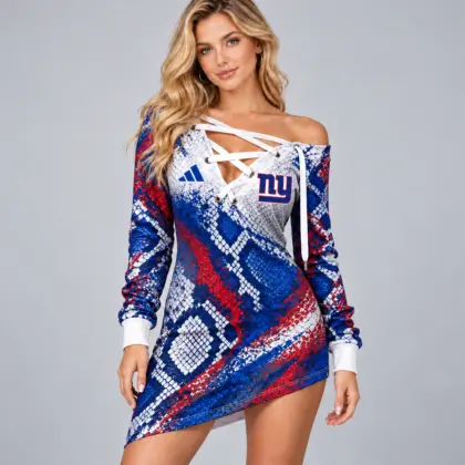 New York Giants | Premium NFL Exotic Snakeskin Print Criss Cross Lace Up Off Shoulder Asymmetrical Mini Dress NDN