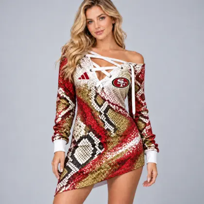 San Francisco 49ers | Premium NFL Exotic Snakeskin Print Criss Cross Lace Up Off Shoulder Asymmetrical Mini Dress NDN