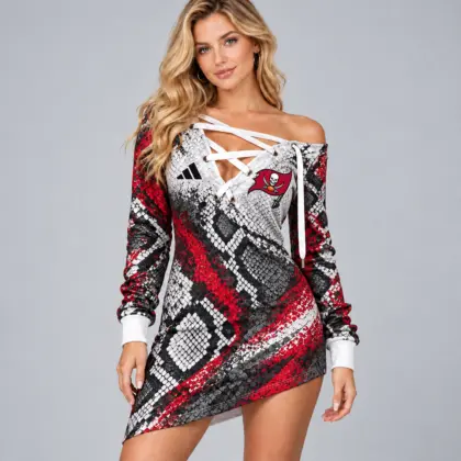 Tampa Bay Buccaneers | Premium NFL Exotic Snakeskin Print Criss Cross Lace Up Off Shoulder Asymmetrical Mini Dress NDN