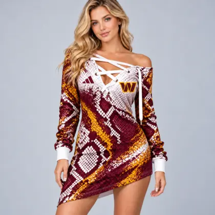 Washington Commanders | Premium NFL Exotic Snakeskin Print Criss Cross Lace Up Off Shoulder Asymmetrical Mini Dress NDN