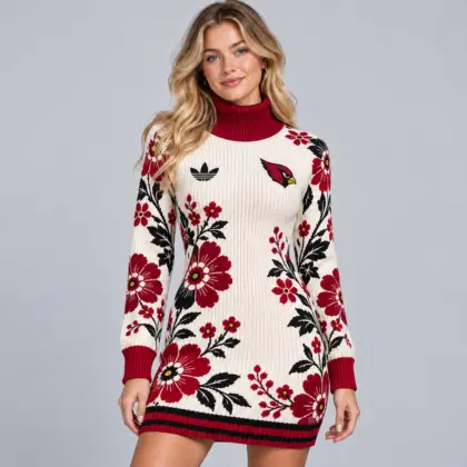 Arizona Cardinals | Premium NFL Romantic Floral Jacquard Turtleneck Long Sleeve Ribbed Knit Sweater Mini Dress NDN