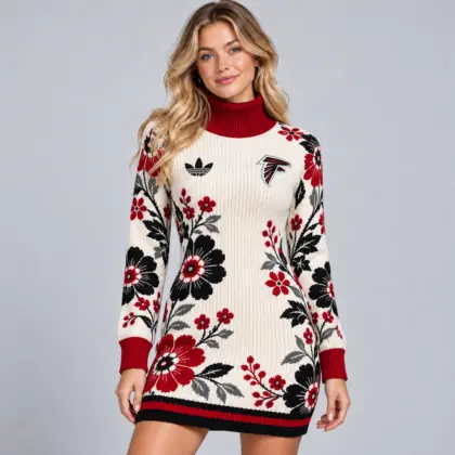 Atlanta Falcons | Premium NFL Romantic Floral Jacquard Turtleneck Long Sleeve Ribbed Knit Sweater Mini Dress NDN