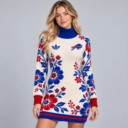 Buffalo Bills | Premium NFL Romantic Floral Jacquard Turtleneck Long Sleeve Ribbed Knit Sweater Mini Dress NDN