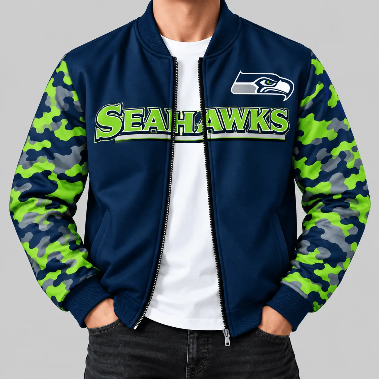 Seattle Seahawks | NFL Camo Sleeve Baseball Jacket
