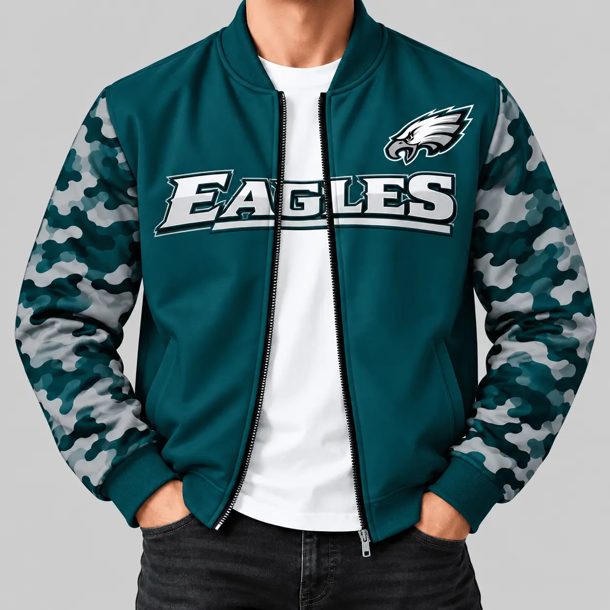 Philadelphia Eagles | NFL Camo Sleeve Baseball Jacket