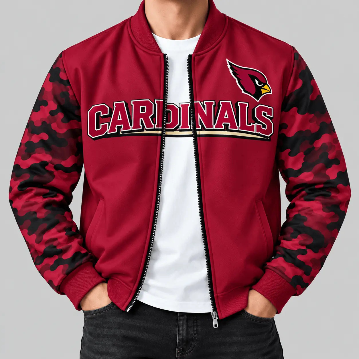 Arizona Cardinals | NFL Camo Sleeve Baseball Jacket