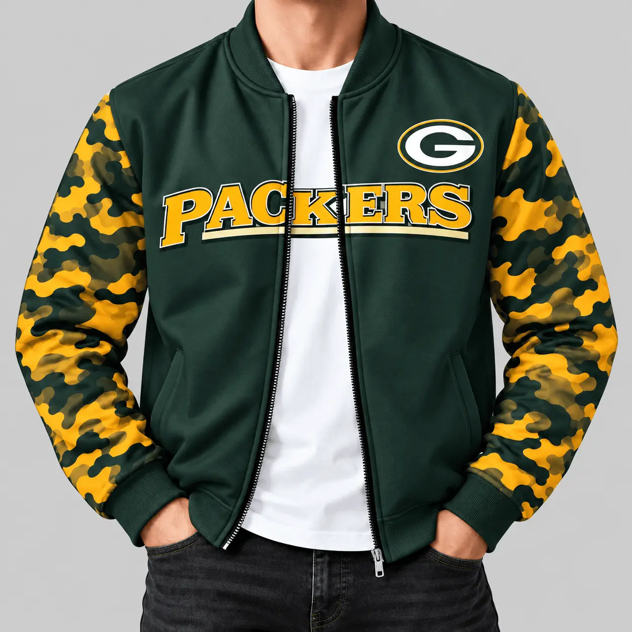 Green Bay Packers | NFL Camo Sleeve Baseball Jacket