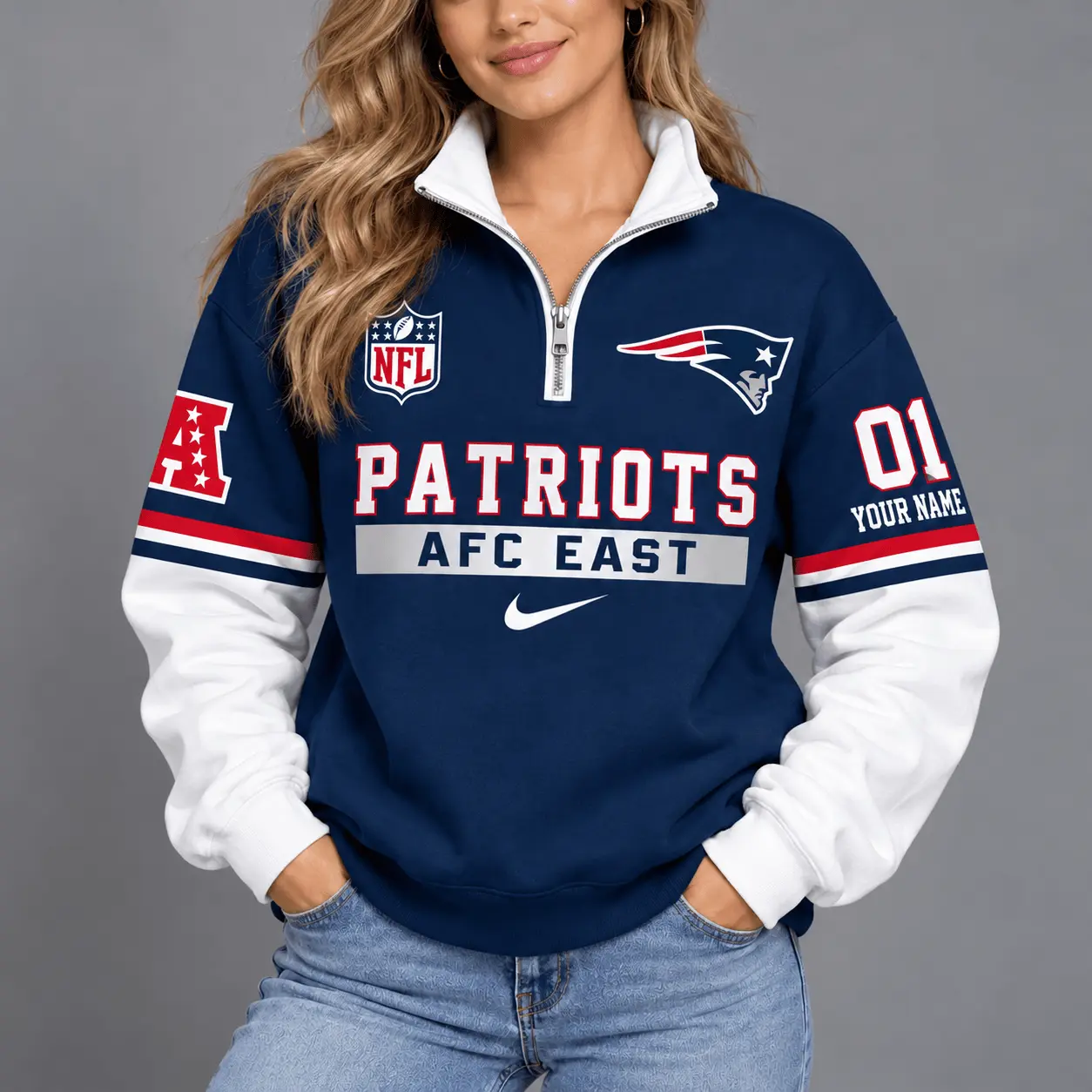 New England Patriots | Premium NFL Classic Varsity Style Quarter-Zip Sweatshirt TD