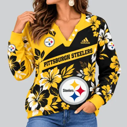 Pittsburgh Steelers | NFL Tropical Floral Henley Long Sleeve Top