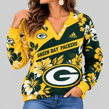 Green Bay Packers | NFL Tropical Floral Henley Long Sleeve Top