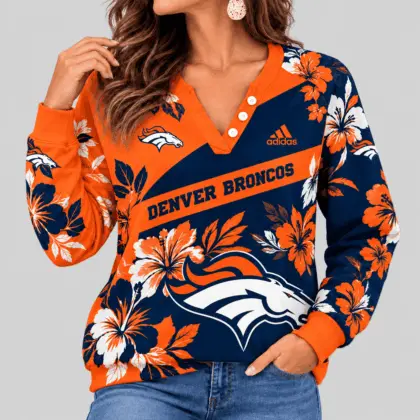 Denver Broncos | NFL Tropical Floral Henley Long Sleeve Top