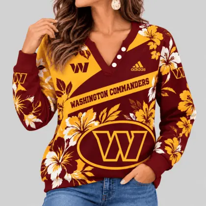 Washington Commanders | NFL Tropical Floral Henley Long Sleeve Top
