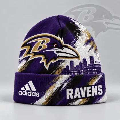 Baltimore Ravens | Premium NFL Urban Skyline Distressed Brushstroke Knit Cuffed Beanie Hat NDN