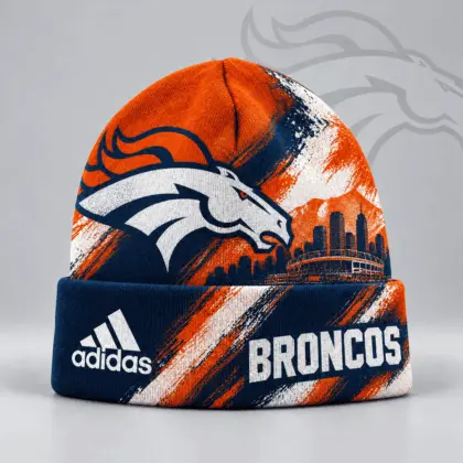 Denver Broncos | Premium NFL Urban Skyline Distressed Brushstroke Knit Cuffed Beanie Hat NDN