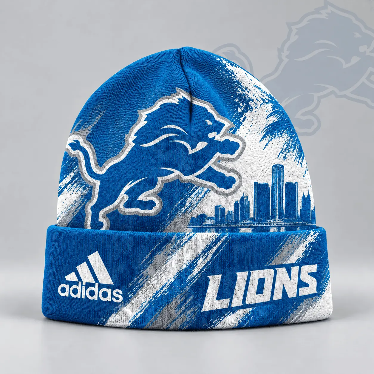 Detroit Lions | Premium NFL Urban Skyline Distressed Brushstroke Knit Cuffed Beanie Hat NDN