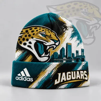 Jacksonville Jaguars | Premium NFL Urban Skyline Distressed Brushstroke Knit Cuffed Beanie Hat NDN