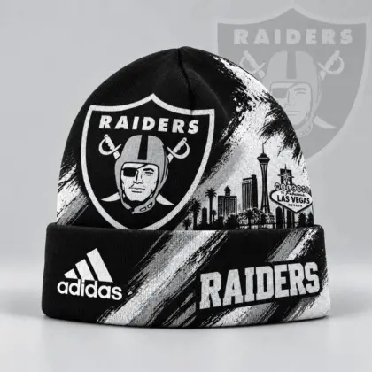 Las Vegas Raiders | Premium NFL Urban Skyline Distressed Brushstroke Knit Cuffed Beanie Hat NDN
